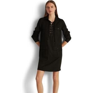 NWT Lauren Ralph Lauren Dress Lace-Up Twill Chic Long-Sleeve Black Women 14 $165